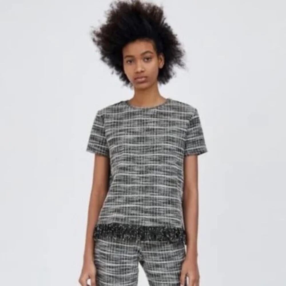 Zara Tweed Fringe Top Size Small Boxy Fit Short Sleeve Blouse Black White